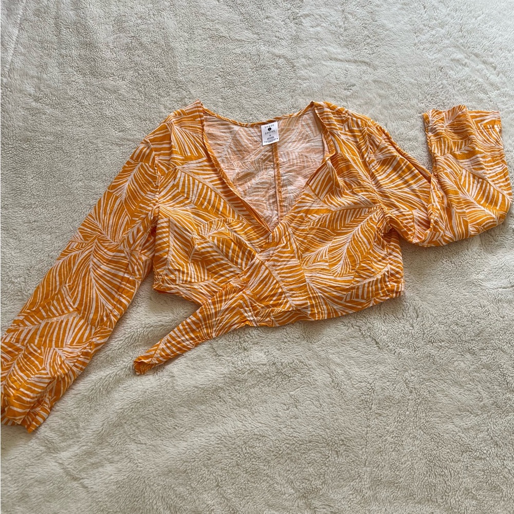Shade & Shore Orange Leaf Pattern Wrap Blouse